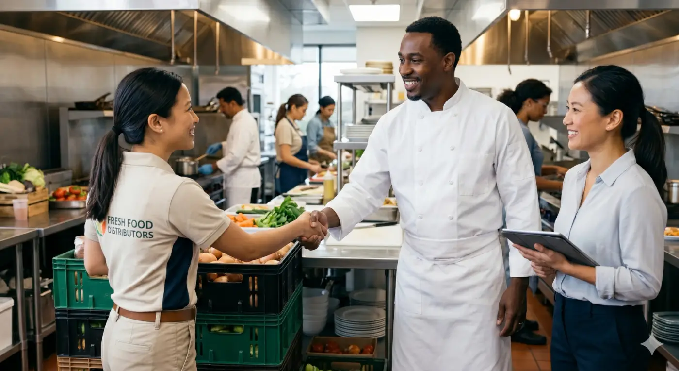 Chef shaking hands with a food supplier in a commercial kitchen