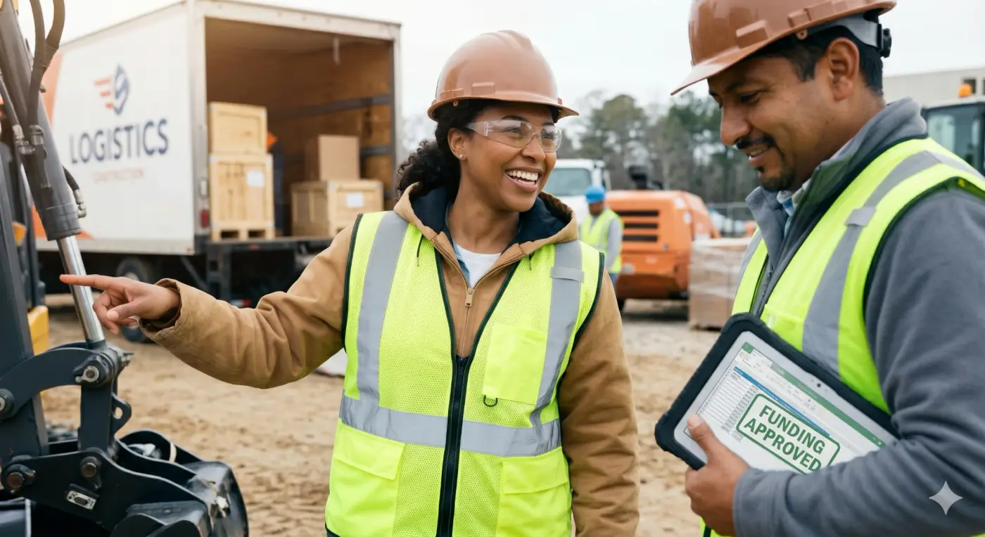 Construction crew reviewing a funding approval on site